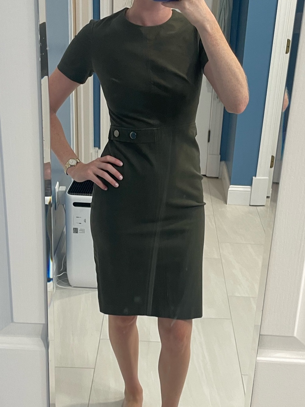 Women's Olive Green Short Sleeved Dress  - Classic Tailored Style